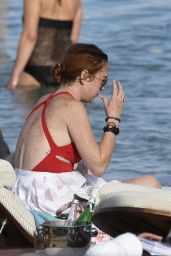 Lindsay Lohan in a Red Swimsuit on Nammos Beach in Mykonos 08/21/2017