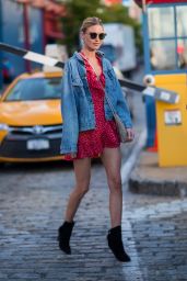 Martha Hunt in a Red Dress and Denim Jacket - NYC 08/24/2017