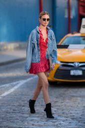 Martha Hunt in a Red Dress and Denim Jacket - NYC 08/24/2017