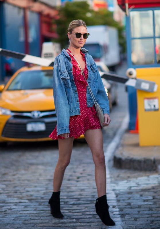 Martha Hunt in a Red Dress and Denim Jacket - NYC 08/24/2017