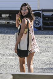Olivia Munn in a Low-Cut Floral Print Dress - "Buddy Games" Set in Vancouver 08/16/2017