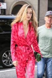 Gigi Hadid in a Pink Pajama Jumpsuit - NYC 09/07/2017