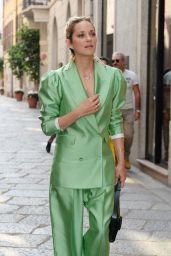 Marion Cotillard in a Lime Green Statment Suit in Milan 09/25/2017