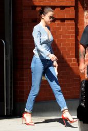 Selena Gomez in a Blue Floral Top - NYC 09/25/2017