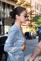 Selena Gomez in a Blue Floral Top - NYC 09/25/2017