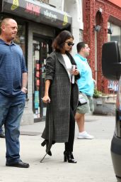 Selena Gomez in a Plaid Coat in NYC 09/06/2017