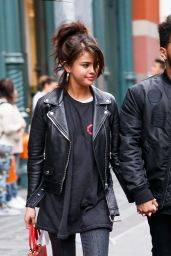 Selena Gomez in Leather Motorcycle Jacket - Shopping With The Weeknd in NYC 09/02/2017