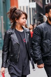 Selena Gomez in Leather Motorcycle Jacket - Shopping With The Weeknd in NYC 09/02/2017