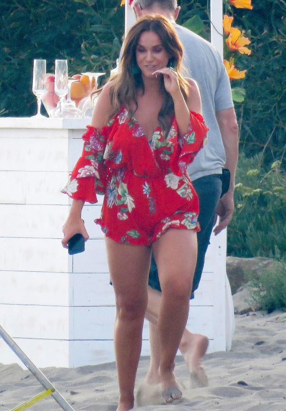 Vicky Pattison in Red Playsuit - Filming New TV Show On Beach in Spain 09/25/2017