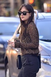 Dakota Johnson in Leopard Top and Gucci White Sneakers and Bag - New York 10/02/2017