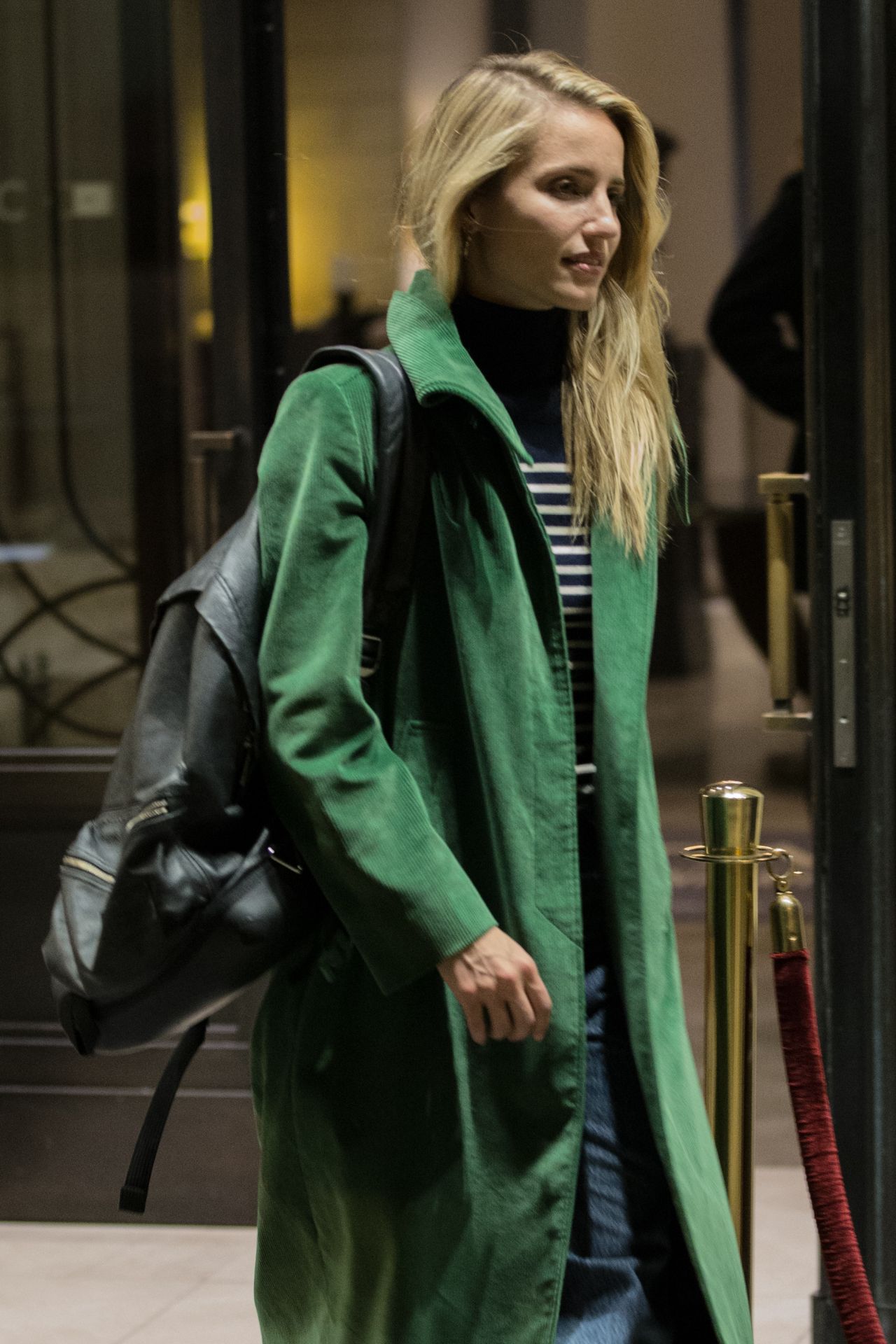 Dianna Agron in a Forest Green Coat and Denim Skirt - Outside the ...