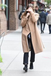 Elizabeth Olsen in a Beige Coat - New York City 10/16/2017
