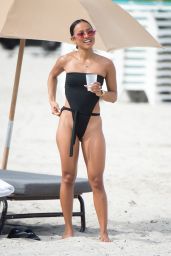 Karrueche Tran in a Black Monokini on the Beach in Miami Beach 10/18/2017