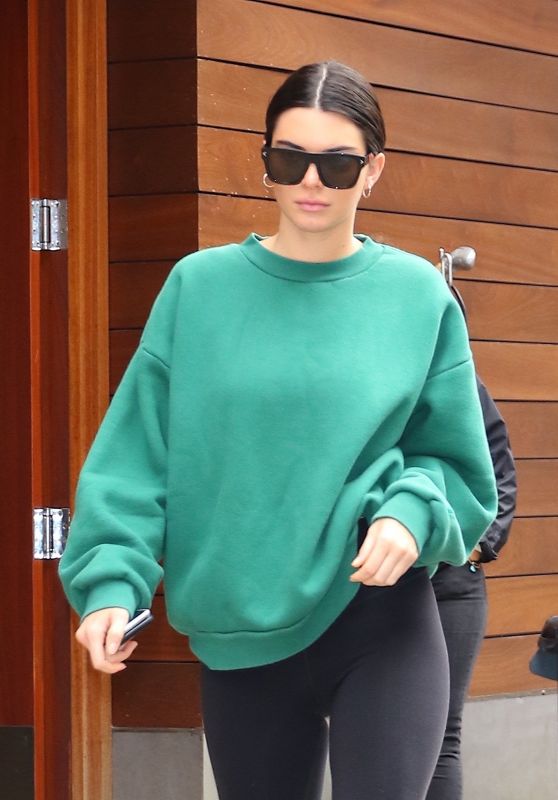 Kendall Jenner - Wearing Black Leggings and a Green Sweatshirt in NYC 10/24/2017