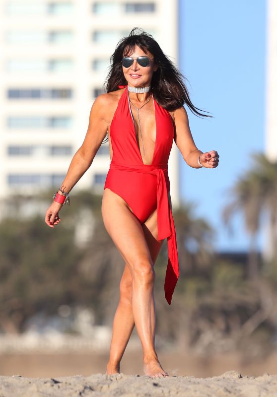 Lizzie Cundy in a Red and Black Swimsuit in Miami 10/25/2017