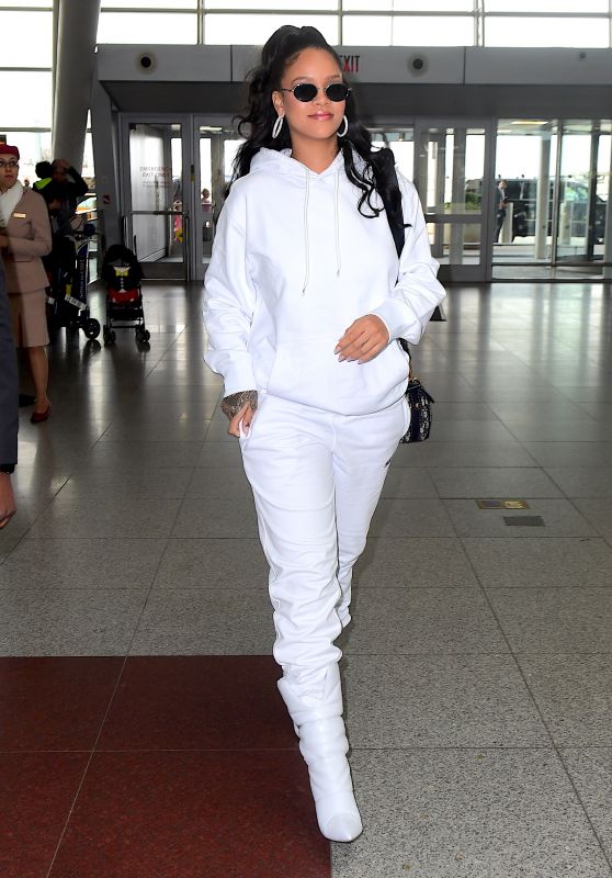 Rihanna in an all White Sweatsuit - Arriving at JFK Airport in New York City