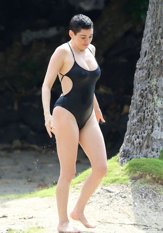 Rose McGowan in Swimsuit on a Beach in Hawaii, October 2017