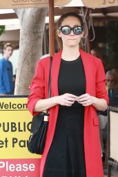 Emmy Rossum in a Long Red Coat at Il Pastaio in Beverly Hills 11/16/2017