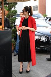 Emmy Rossum in a Long Red Coat at Il Pastaio in Beverly Hills 11/16/2017