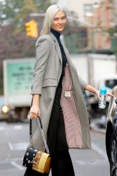 Karlie Kloss Wearing Black Pants and a Light Grey Trench Coat - NYC 11/15/2017