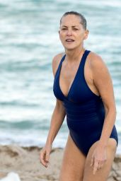 Sharon Stone in a Blue One-Piece Swimsuit on the Beach in Miami 11/03/2017