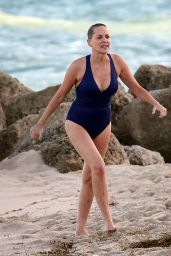 Sharon Stone in a Blue One-Piece Swimsuit on the Beach in Miami 11/03/2017