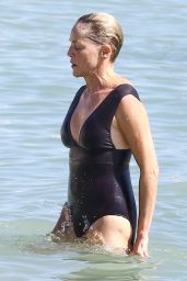 Sharon Stone in Skintight Swimsuit in Miami 11/05/2017