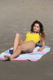 Blanca Blanco in a Bright Yellow Swimsuit on the Beach in Malibu