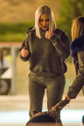 Kim Kardashian in Grey Hoodie - Ice Skating at a Christmas Party in Thousand Oaks