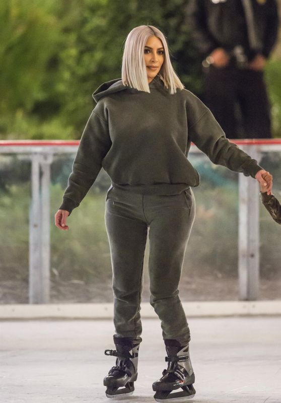 Kim Kardashian in Grey Hoodie - Ice Skating at a Christmas Party in Thousand Oaks