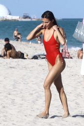 Petra Kladivova in a Red Swimsuit - Beach in Miami 12/10/2017
