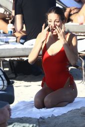Petra Kladivova in a Red Swimsuit - Beach in Miami 12/10/2017