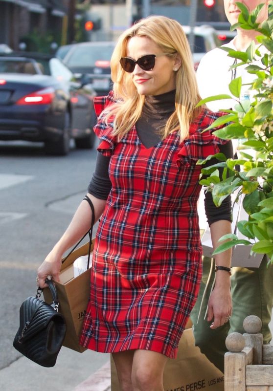 Reese Witherspoon in Red Plaid Dress - Brentwood 12/16/2017