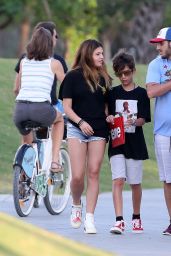 Thylane Blondeau in a Black T-Shirt and Jean Shorts in Miami