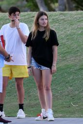 Thylane Blondeau in a Black T-Shirt and Jean Shorts in Miami