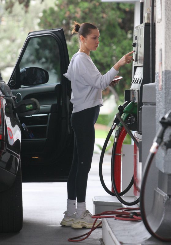 Bella Hadid Street Style - Pumping Gas at the Gas Station in Beverly Hills