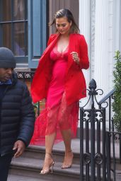 Chrissy Teigen in Red Lace Dress - Heads to the "Tonight show with Jimmy Fallon" in NYC