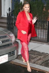 Chrissy Teigen in Red Lace Dress - Heads to the "Tonight show with Jimmy Fallon" in NYC
