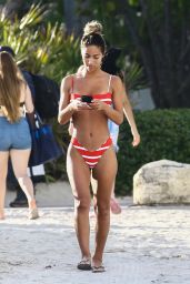 Erika Wheaton in a Striped Bikini on the Beach in Miami