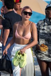 Hailey Baldwin in a Pink Bikini at the Beach in Miami