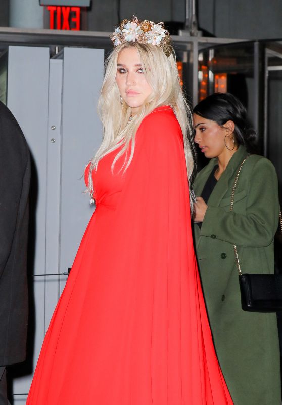 Kesha in a Red Gown Dress - Arriving at the Grammys 2018 After Party in New York City