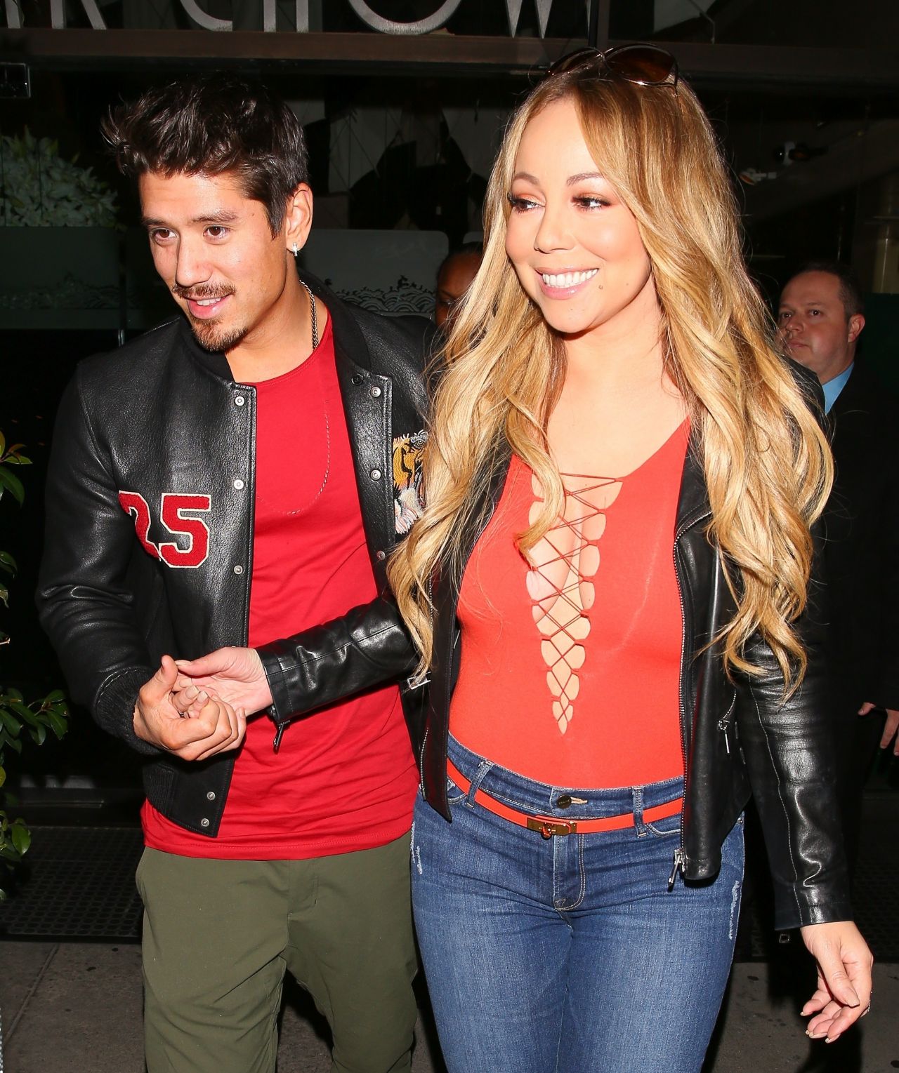 Mariah Carey in Red Lace Up Bodysuit and Jeans in Beverly Hills