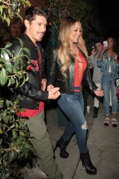 Mariah Carey in Red Lace Up Bodysuit and Jeans in Beverly Hills