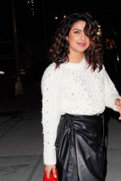 Priyanka Chopra in a Leather Skirt and a White Sweater Out in New York