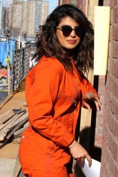 Priyanka Chopra in an Orange Jumpsuit on the Set of Quantico