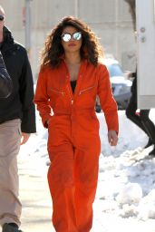 Priyanka Chopra in an Orange Jumpsuit on the Set of Quantico