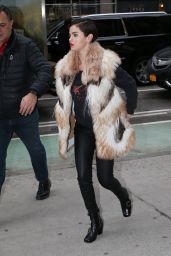 Selena Gomez in a Big Fur Coat and Red Lipstick - Heads to a Recording Studio in NYC