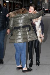 Selena Gomez in a Big Fur Coat and Red Lipstick - Heads to a Recording Studio in NYC