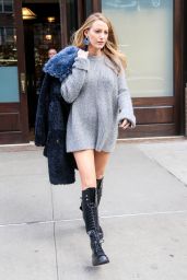 Blake Lively Showing Off Her Long Legs in a Gray Sweater
