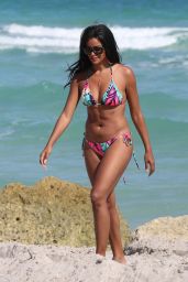 Claudia Jordan in a Colorful String Bikini on the Beach in Miami